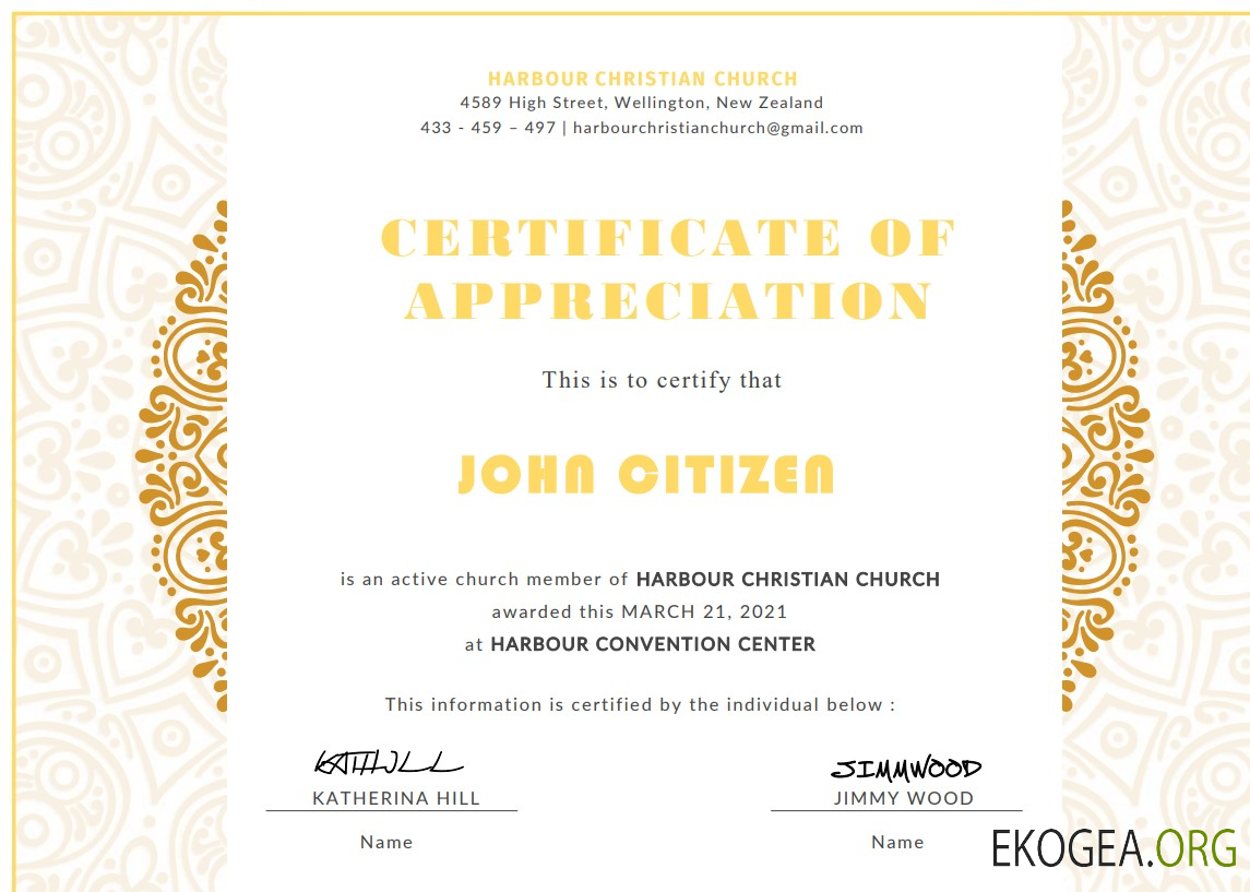 Certificat d'appréciation de l'Église des États Unis